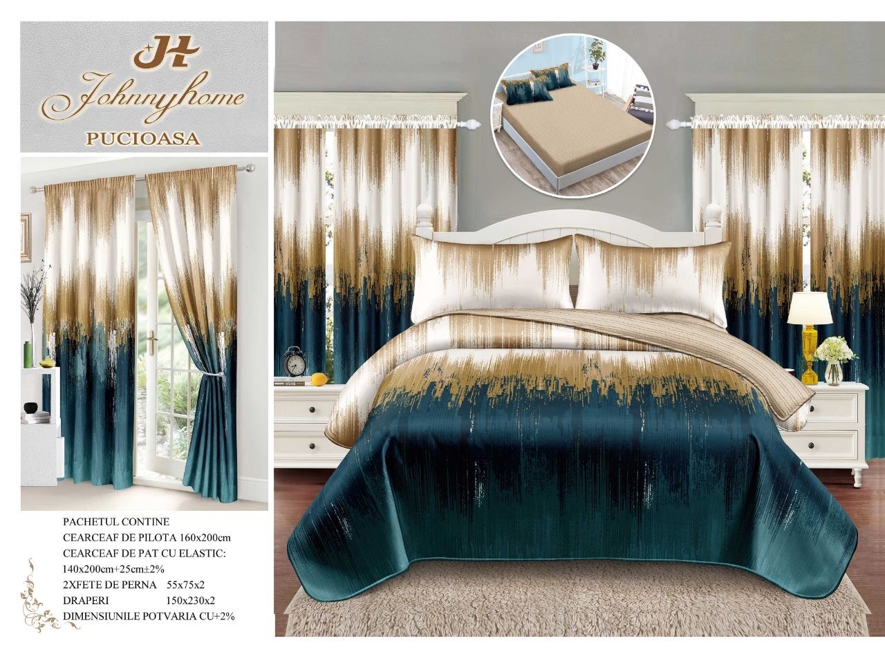 Единично спално бельо с ластик - 8 части със завеси SPE-25