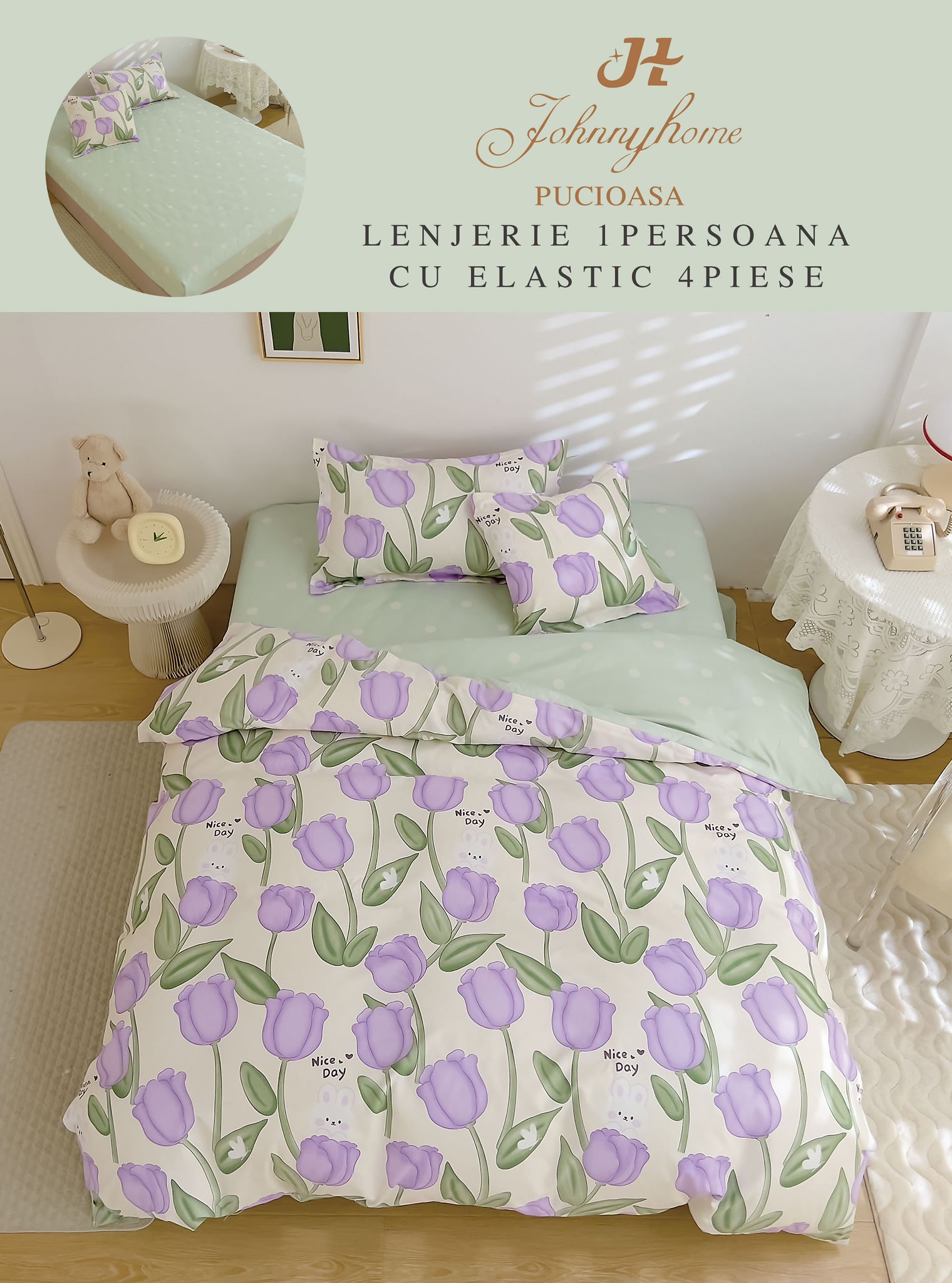 Спално бельо 4 части с ластик 100% памук T60-96